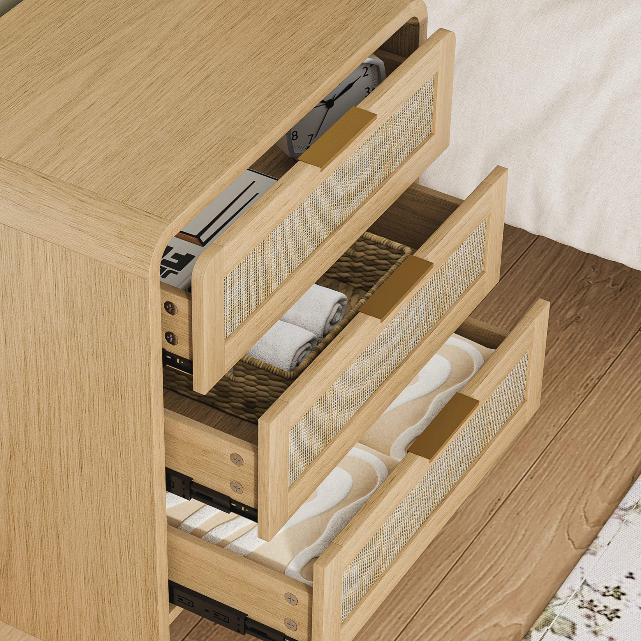 Noble House Felix 23" Rattan Wooden Nightstands, 3-Drawer Curved Bedside Tables with Gold Handles, Oak