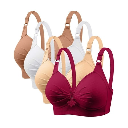 GERsome Pack of 4 Assorted Color Comfortable Full Coverage Bra for Women Wireless Bras with Soft Support Plus Size Everyday Bras 4PC#Beige/Wine/Khaki/White L