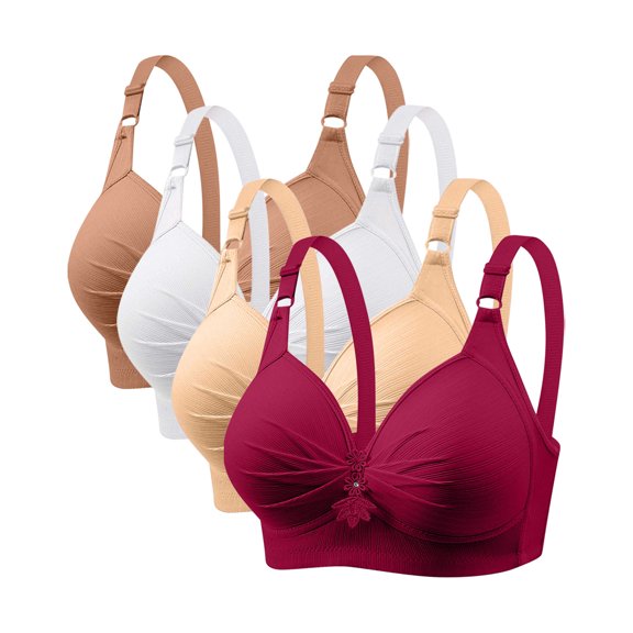 LYEAA No Wire Bras for Women Pack of 4 Soft Comfortable Bras Wireless Breathable Everyday Bra All Coverage Push up Bralette Fashion Solid Plus Size Bra Style with Adjustable Straps