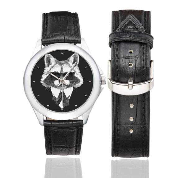 SUNENAT Funny Raccoon Hipster Animal Women's Fashion Stainless Steel Watch with Black Leather Band