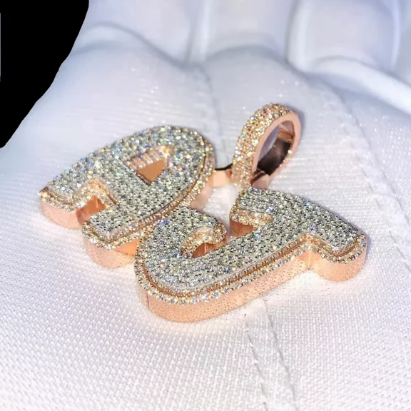 3 CT Round Cut White Moissanite "AJ" Personalized Letter Pendant Custom 14K Rose Gold Plated