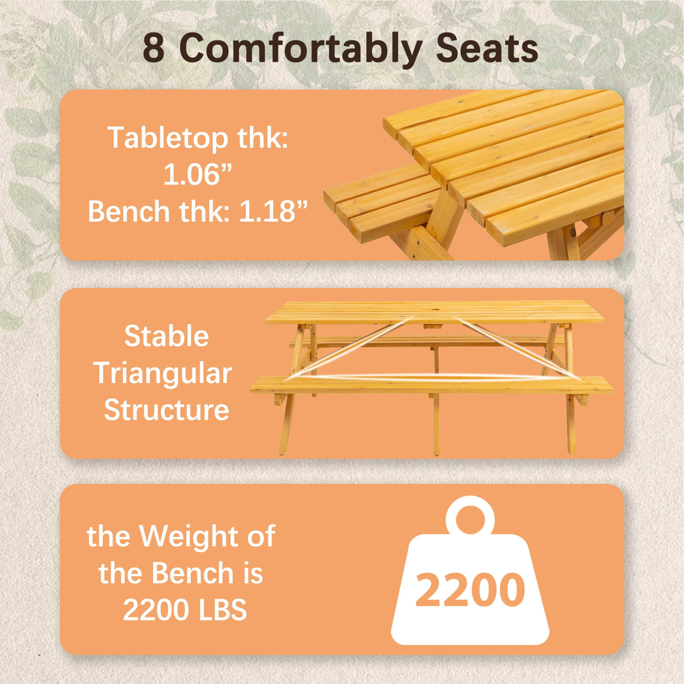 Noble House Jocasta 8-Seat Rectangular Outdoor Picnic Set, Patio Wooden Dining Table with Built-in Benches, Natural