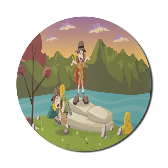 Colorful Mouse Pad for Computers, Best Friends Go Camping Hiking by the Lake Having Fun Explorer Kids Joy Cartoon, Round Non-Slip Thick Rubber Modern Mousepad, 8" Round, Multicolor, by Ambesonne