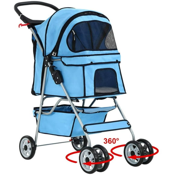 Pet Stroller Cat Dog Cage Stroller Travel Folding Carrier,Blue