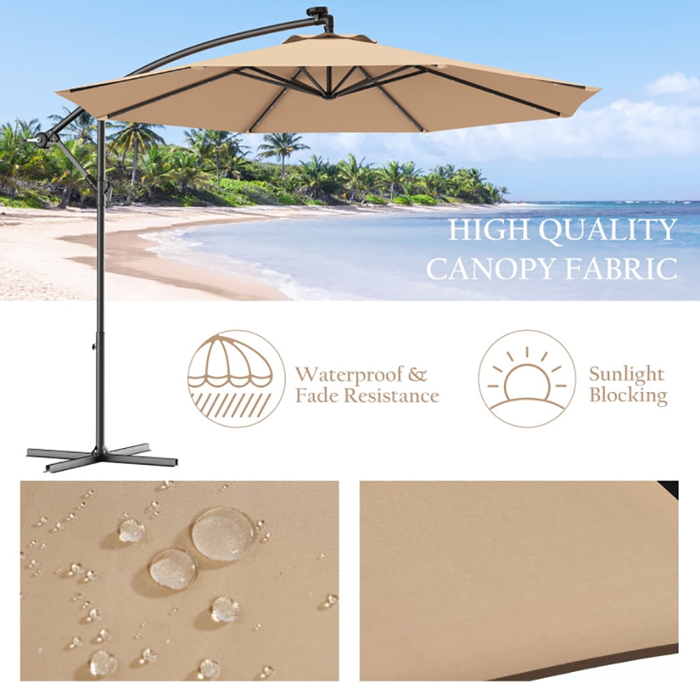 Aimee Lii 10 Feet Patio Hanging Solar LED Umbrella Sun Shade with Cross Base, Table Umbrella Outdoor Patio, Beige