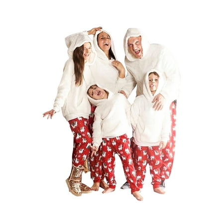 

Sunisery Christmas Family Matching Pajamas Sets Plush Hooded Tops + Pants Xmas Sleepwear Set