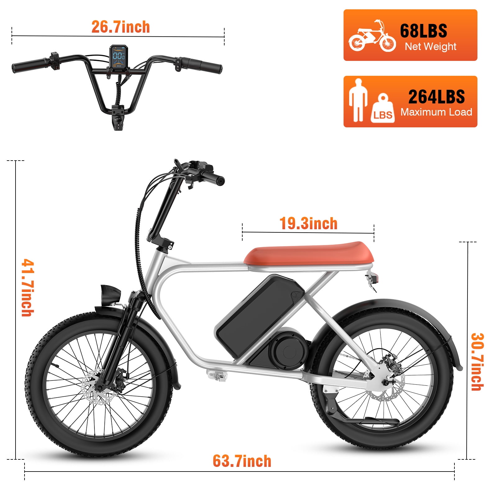 20 in Adult Electric Bicycle, 1000W Brushless Mid-Drive Motor, 48V 15.6Ah, Range Up To 50-60 Miles, Dual Disc Brakes, Ip54 Waterproof, 264 Lbs Load Capacity.White