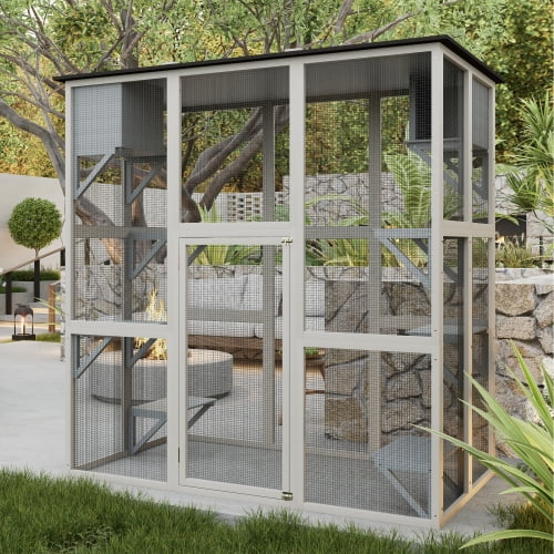 Catio Outdoor Cat Enclosure, Large Wood Cat House for Multiple Cats, Walk in Kitty Cage with 6 Platforms & 2 Resting Boxes, Outdoor Cat Shelter Enclosure with Waterproof Roof