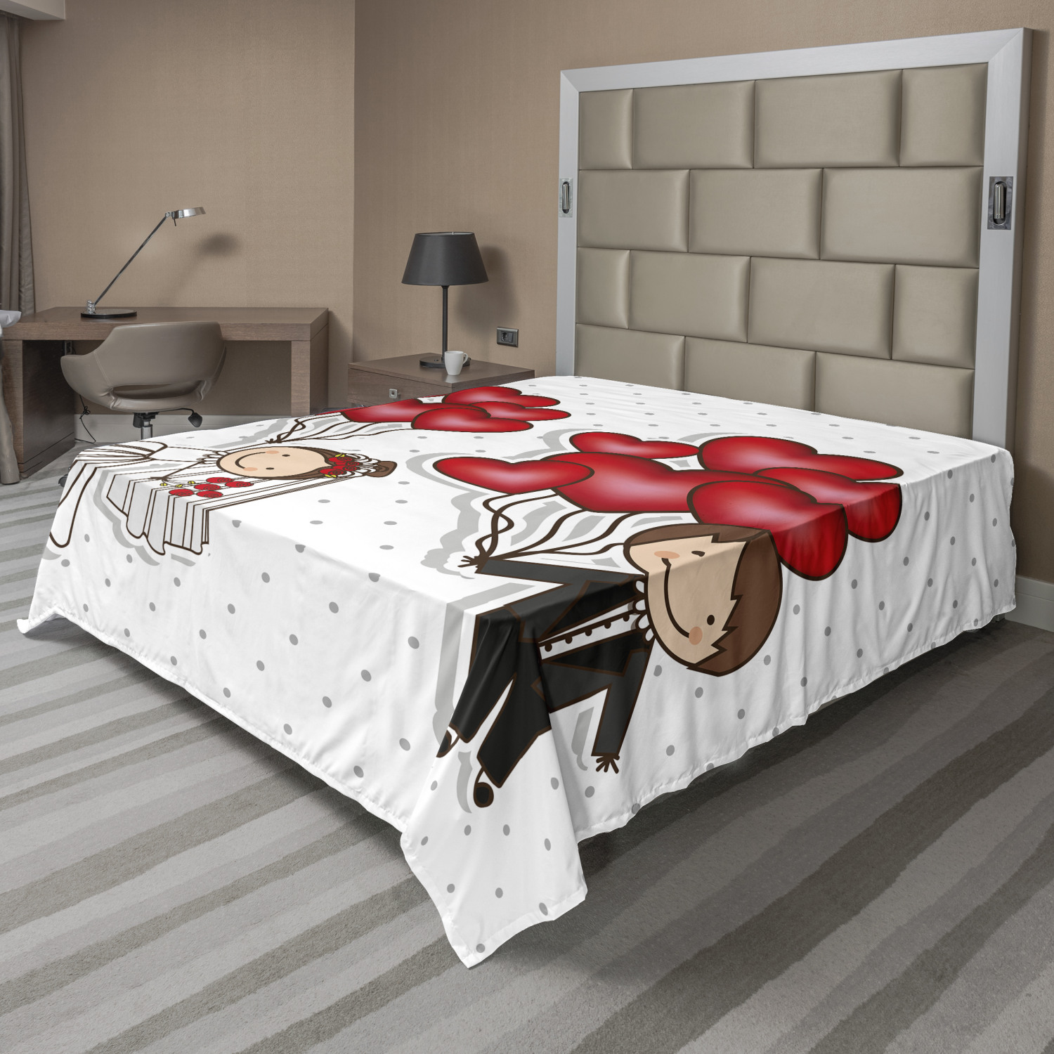 Wedding Flat Sheet, Funny Cartoon Style Newlyweds with Heart Shaped Balloons Dots Happiness