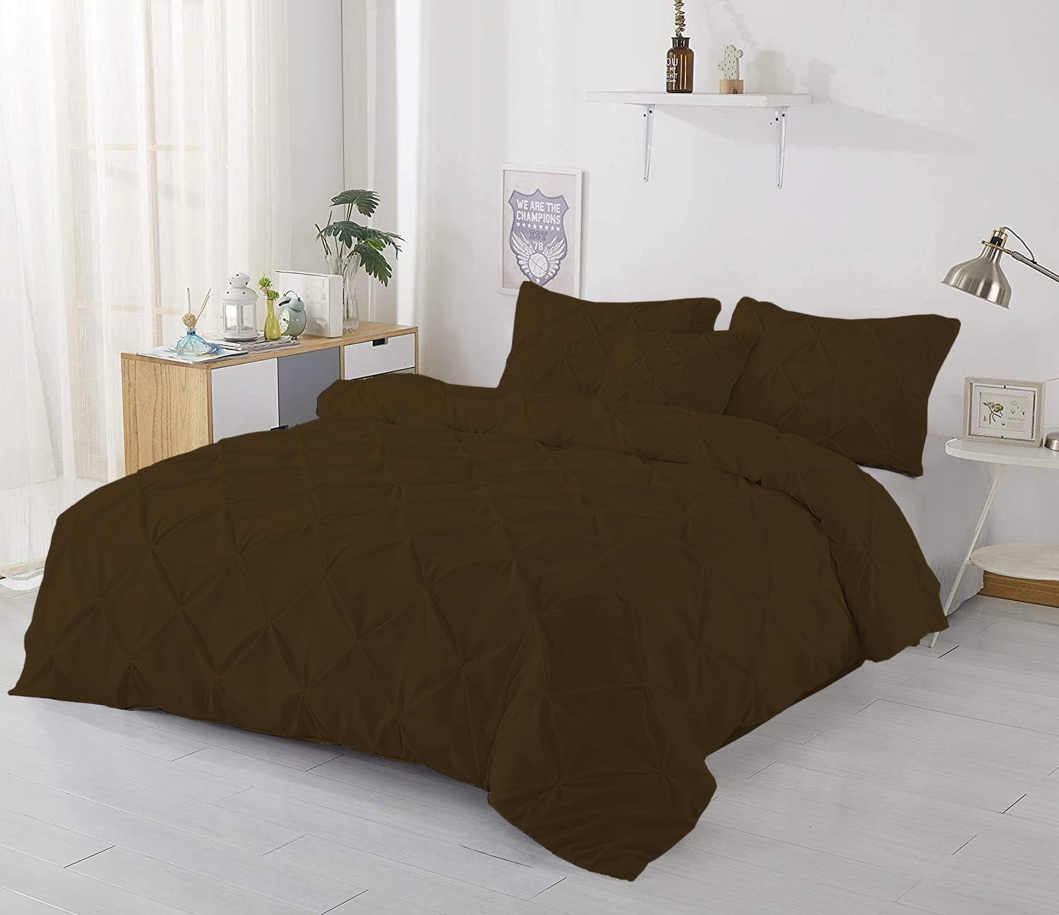 1 Piece Pinch Pleated Duvet Cover 100% Cotton 1000 TC with Zipper Closure & Corner Ties Pintuck Bedding Duvet Cover - Super King Size (116" x 98") Inch, Chocolate Solid