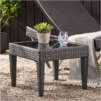 JERFIT Outdoor Patio Side Table with Glass Top, Grey Rattan Accent End Table for Garden, Poolside & Balcony, Weather-Resistant PE Wicker & Iron