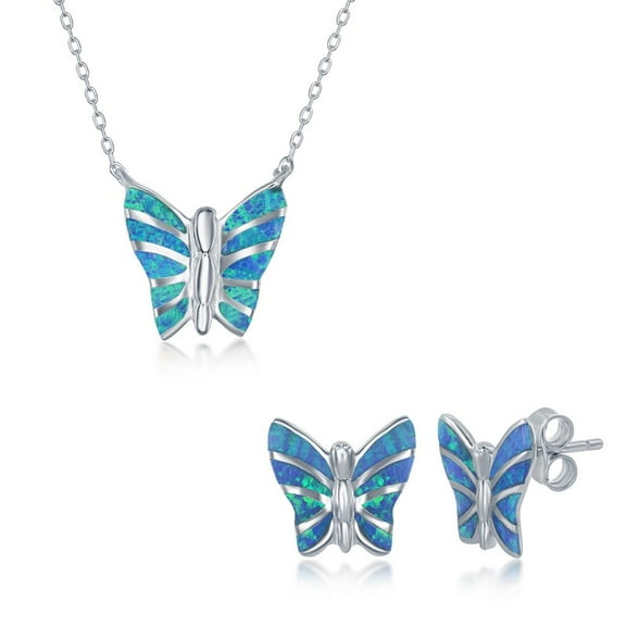 Created Opal Stone Sterling Silver Necklace and Earrings Blue/White Opal Nature Butterfly/Cat Dainty Pendant with 16 2’’ Chain Jewelry Set for Pet Lovers, Women, or Teens