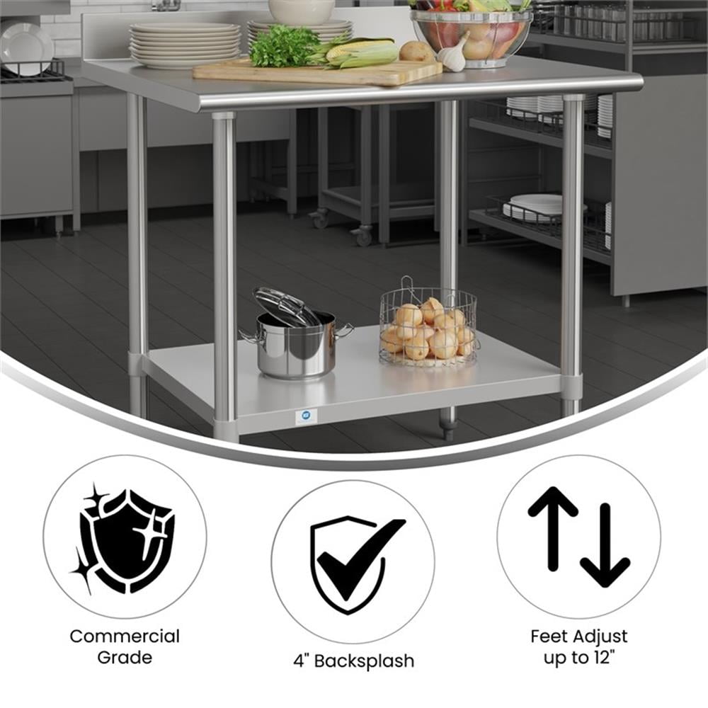 Pemberly Row Stainless Steel Kitchen Prep & Work Table with Shelf & Backsplash