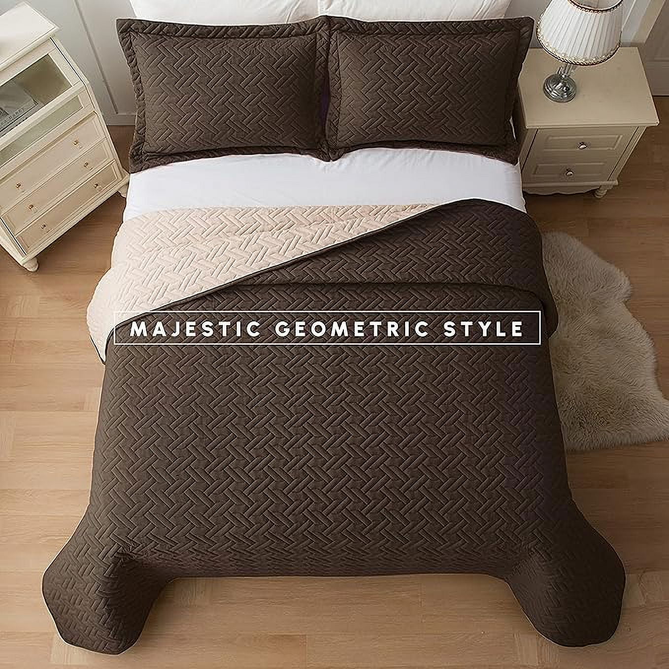 Elegant Comfort 3-Piece Quilted Reversible Bedspread Coverlet Set with Pillow Shams, Exquisite Majestic Stitching All Season Heavy Weight - Ultra Soft Premium Quilt- California King, Brown/Cream