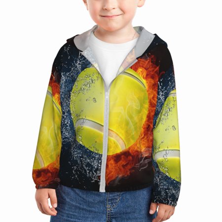 

Gaeub Tennis Ball In Fire And Water Print Athletic Sun Protection Hoodie for Kids Long Sleeve Outdoor UV Shirt Running Fishing Top for Boys Girls-3 Years