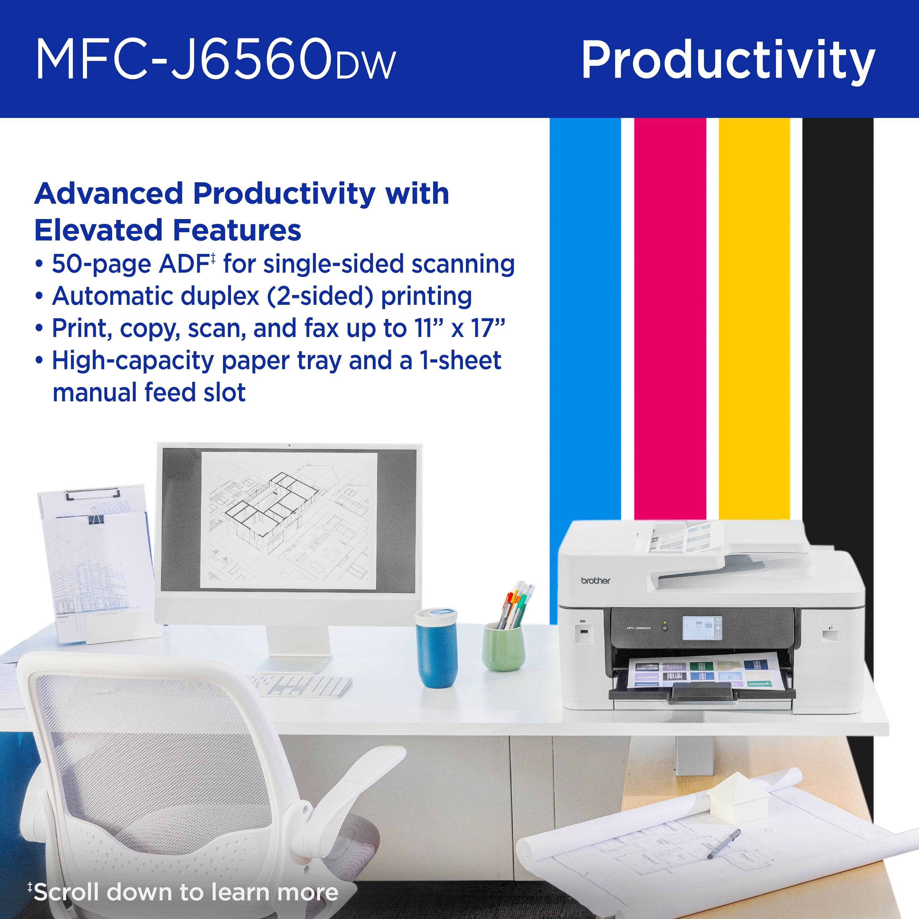 Brother INKvestment MCF-J6560DW Wireless Color Inkjet All-in-One Printer with 11”x17” capabilities and 2.7” Color Touchscreen