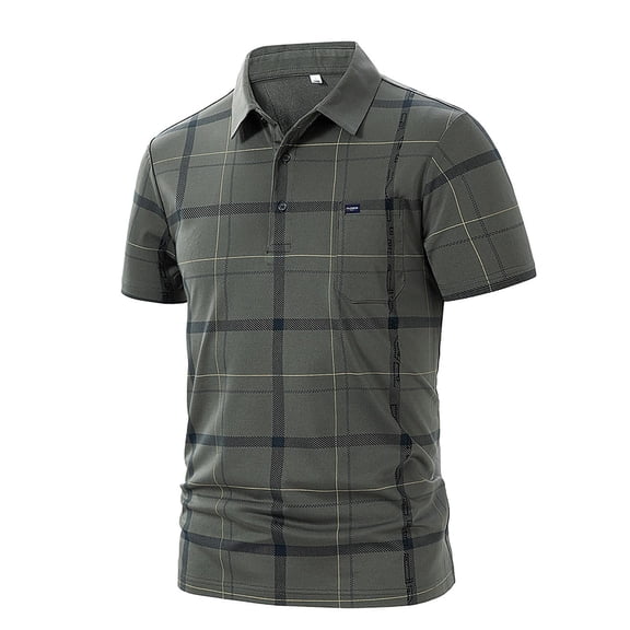 Qiyinn Men Short Sleeve Polo Shirt Classic Plaid Collar Button Down Casual Summer Cotton Blend Tops for Adult