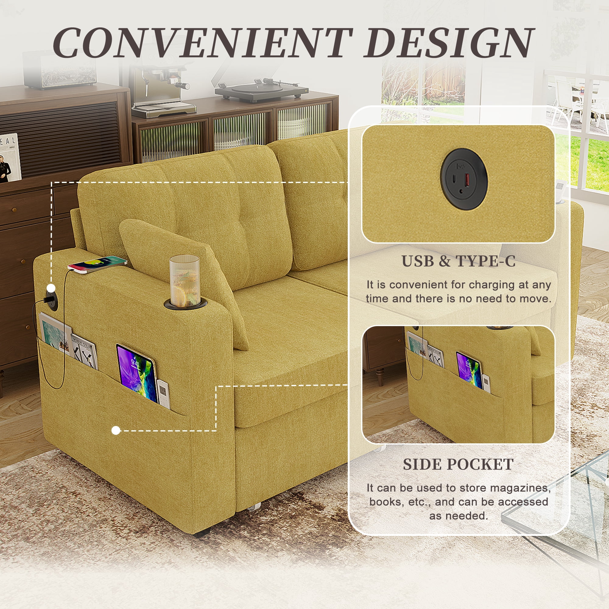68" Chenille Two Seater Couch, Living Room Loveseat with Usb Charging, Upholstered Loveseat with Storage for Living Room, Mustard yellow