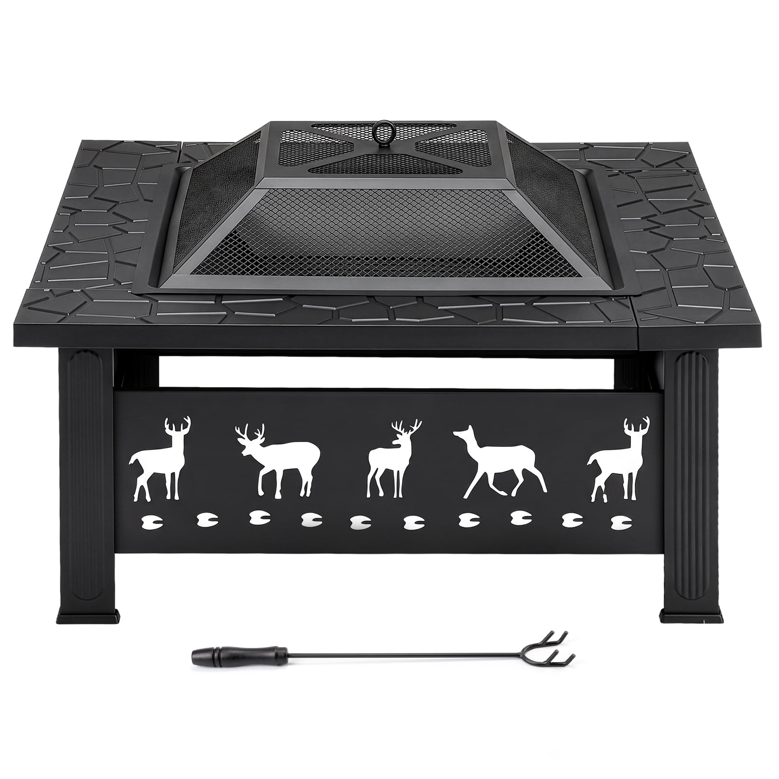 32 Inch Square Outdoor Wood Burning Fire Pit Table, Heavy Duty Wrought Iron Firepit with Pyramid Spark Screen Lid & Fire Poker, Decorative Elk Cutout Patio Fire Pit for Backyard, Garden, Lawn