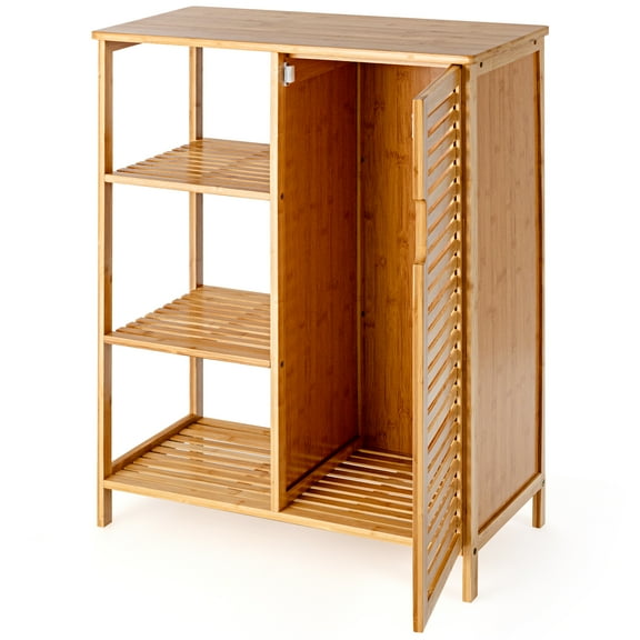Patiojoy Bathroom Storage Cabinet Bamboo Floor Cabinet Free Standing Organizer with Single Door & 3 Open Shelves