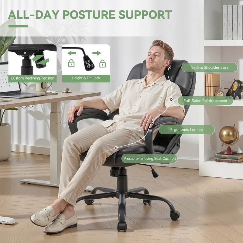 Walsunny Leather Chair, Big and Tall Executive Office Chair, High Back Ergonomic Desk Chair, Adjustable Leather Office Chair with Lumbar Support Black