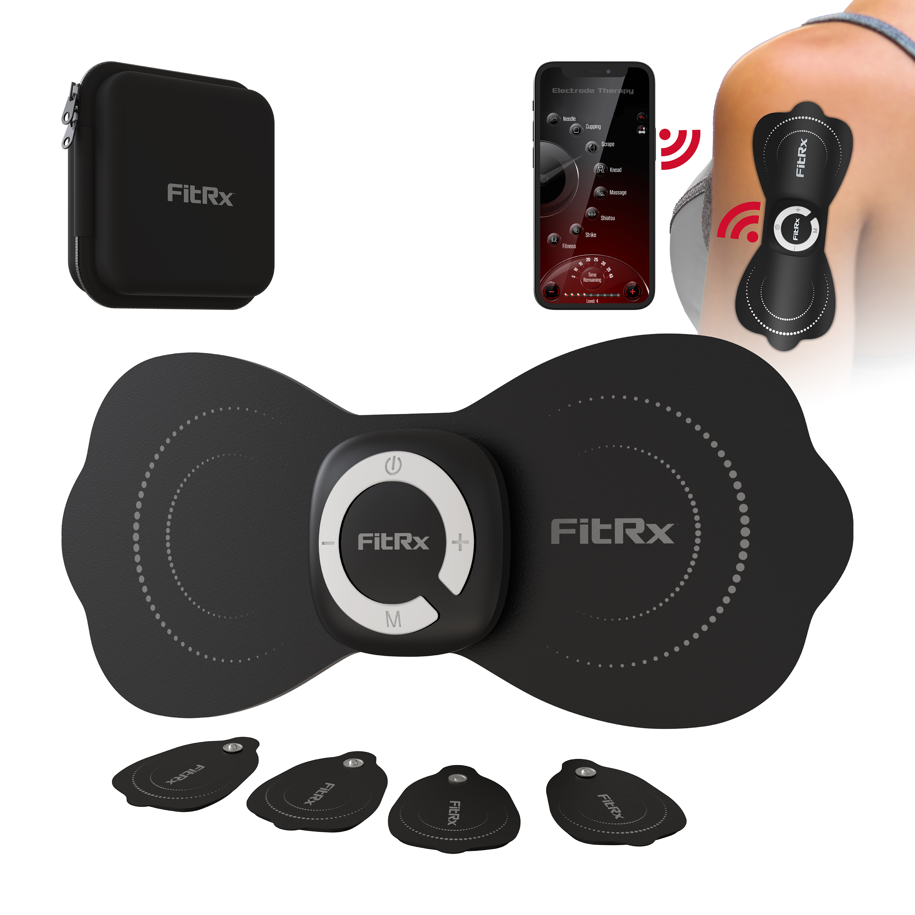 FitRx Electrode Wireless Massager - Rechargeable EMS Unit Muscle Stimulator with App Control