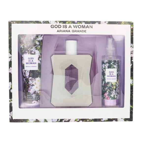 Ariana Grande God Is A Woman , 3 Pc Gift Set 3.4oz EDP Spray, 4oz Body Mist, 3.4oz Body Souffle