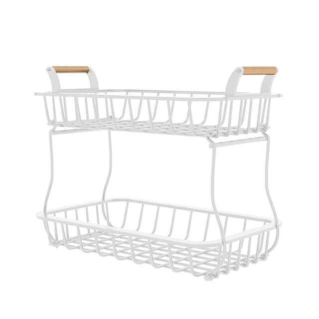 Amdohai 2 Tier Fruit Storage Basket Kitchen Countertop Organizer with Wooden Handle Mesh Carbon Steel Bowl for Bread Vegetable Fruit Basket Detachable Metal Rectangular Wire Basket