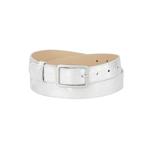 Cinturones delgados para damas de PU, cinturón brillante casual para vestido y jeans, hebilla de pin simple en plata