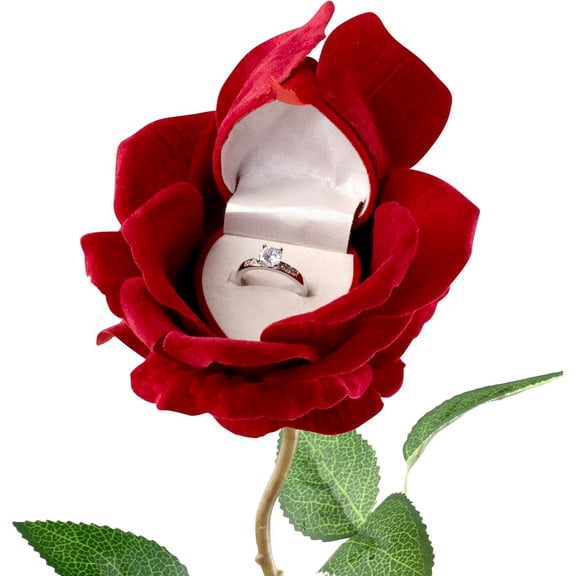 Noble Rose Flower Heart Shape Ring Box for Gift, Ceremony, Proposal, Engagement or Wedding, Romantic Red Ring Presentation Case