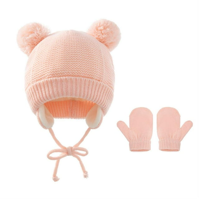 Winter Baby Woolen Hat Solid Color Warm Knitted Hat and Gloves Two-piece Set