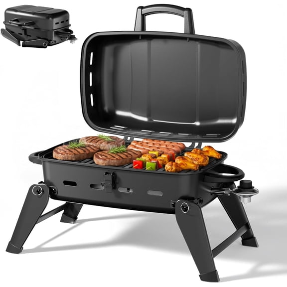 lesen 10,000 BTU Portable Gas Grill, Outdoor Compact Tabletop BBQ Small Propane Grill with Foldable Legs for RV, Hiking, Camping, Patio, Tailgating