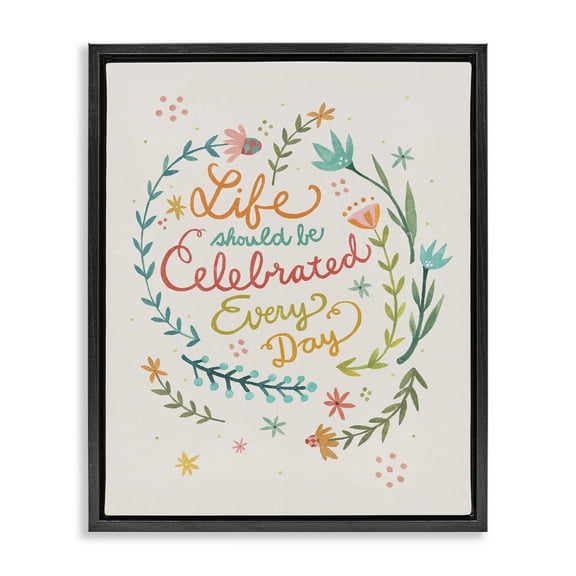 Stupell Industries Life Celebrated with Floral Sprigs Plants & Flowers Painting Black Floater Framed Canvas Art Print Wall Art, 17 x 21