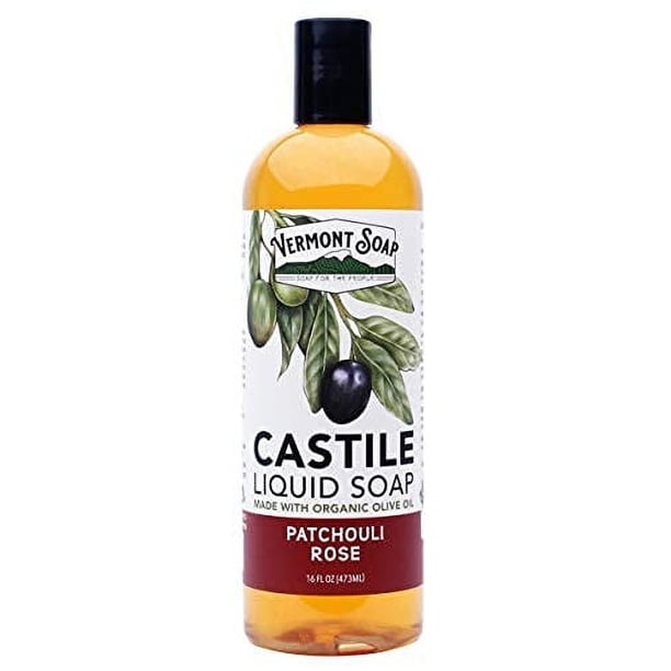 Vermont Castile Soap Patchouli Rose Jabón líquido suave para pieles sensibles y lavado corporal natural Champú orgánico para cabello graso Jabón de aloe castilla para hombres y mujeres - 16 oz