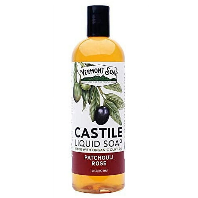 Vermont Castile Soap Patchouli Rose Jabón líquido suave para pieles sensibles y lavado corporal natural Champú orgánico para cabello graso Jabón de aloe castilla para hombres y mujeres - 16 oz
