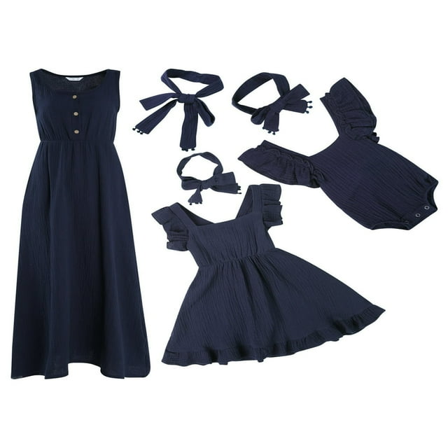 Vêtements Assortis pour la Famille Maman et Moi Robe Sans Manches avec Bandeau pour Femmes Bébés Filles