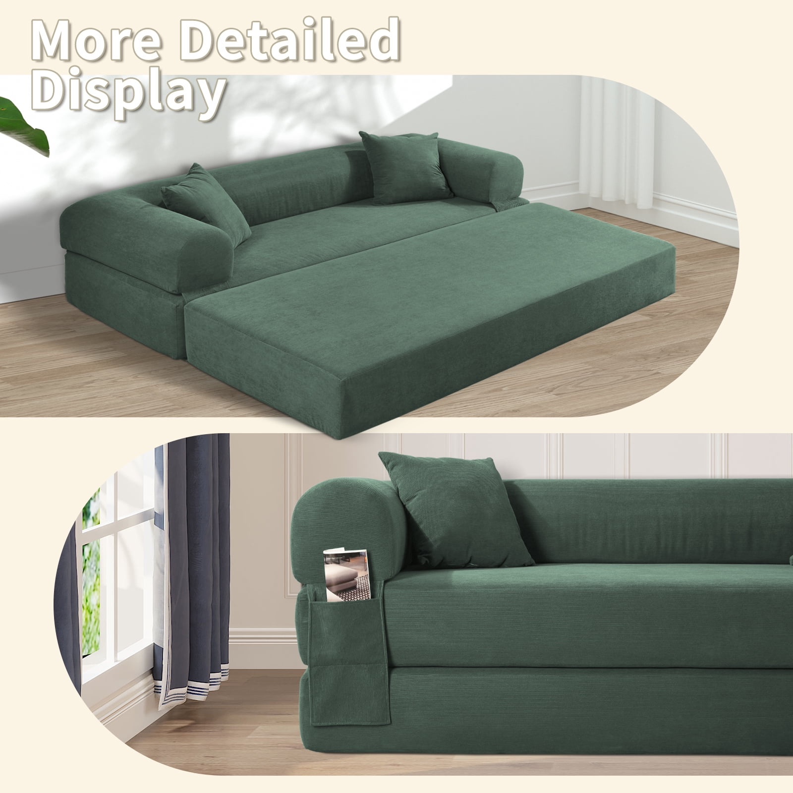 3 in 1 Convertible Sofa Bed, 80" Corduroy Folding Pull Out Couch with 2 Pillows, Floor Sofa with Side Storage for Living Room, No Assembly Modern Boneless Couch Compression Sofa, 30"W