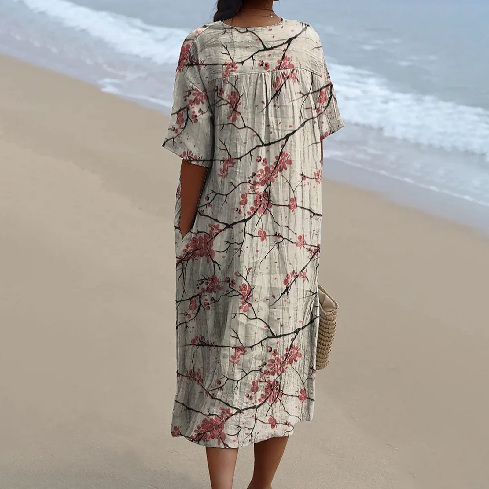 XVJRHAK Women's Vintage Floral Art Print Casual Flowing Dress With Pockets V Neck Dress (Khaki,M)