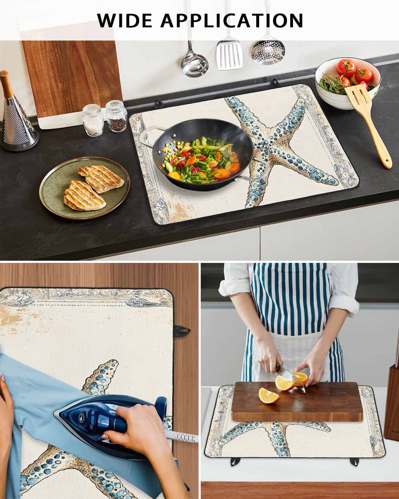 nqOlkjepod Large Induction Cooktop Protector Mat 24"x21", Beige Blue Coastal Stove Top Covers for Electric Stove, Summer Ocean Vintage Starfish Stove Burner Cover Mats, Glass Top Stove Cover
