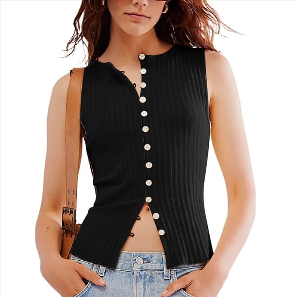 Camiseta Sin Mangas de Verano para Mujer, de Punto, con Cuello Redondo, Botones Delanteros y Canalé, Ajustada, Sin Mangas, Color Negro, Talla S