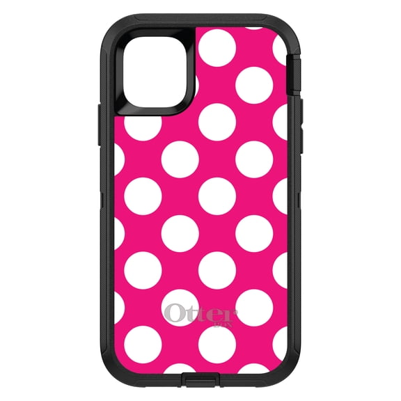DistinctInk OtterBox Defender Custom Case for Apple iPhone 15 (6.1" Screen) - White & Hot Pink Polka Dots - Lightweight Grip