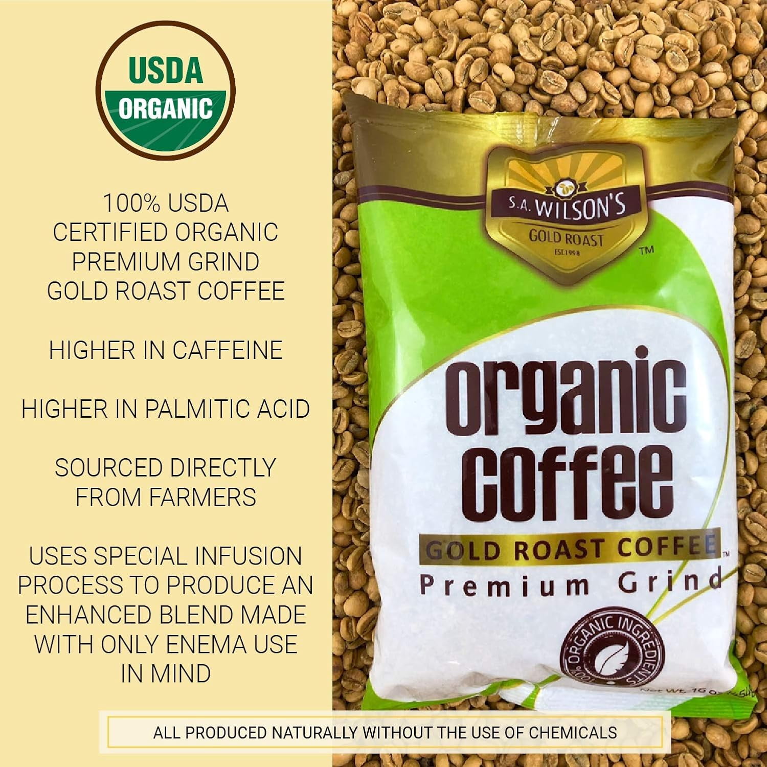 Kinara Organic  Gold Coffee with Scoop, High Caffeine (44 Higher Caffeine) by S.A. Wilson - Pack of 2 (3 Piece Set)