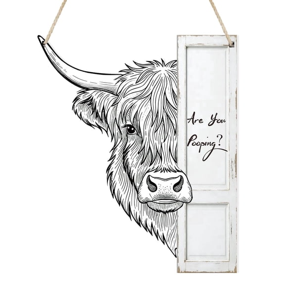 Uflashmi Humorous Are You Pooping Sign-Highland Cow Bathroom Decor, Funny Bathroom Wall Art, Wooden Signs, 11.8x12.5inches, White