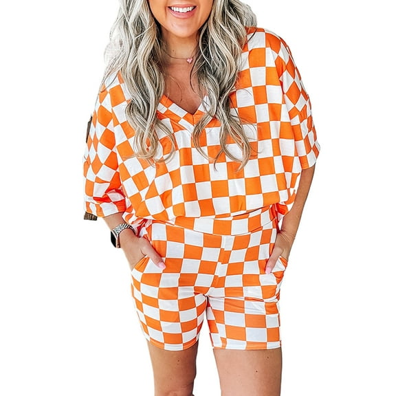 Women's Orange Checkerboard Print V Neck Loose Tee and Shorts Lounge Set | [ZhiHiMeRi] | (US 12-14)L