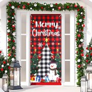 NOVWANG Christmas Door Cover Decorations, Red and Black Buffalo Plaid Snowman Door Cover Xmas Large Photography Background Banner Porch Sign for Winter Indoor Outside Front Door Banner Party Supplies