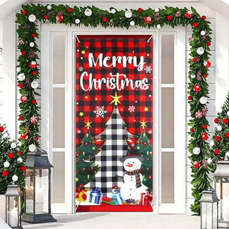 NOVWANG Christmas Door Cover Decorations, Red and Black Buffalo Plaid Snowman Door Cover Xmas Large Photography Background Banner Porch Sign for Winter Indoor Outside Front Door Banner Party Supplies
