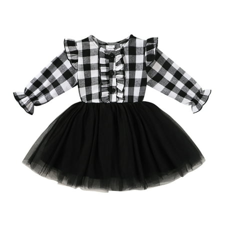 

Younger Tree Baby Girl Fall Winter Christmas Long Sleeve Plaid Mesh Dress Skirt Outfits Overall Clothes 18-24M