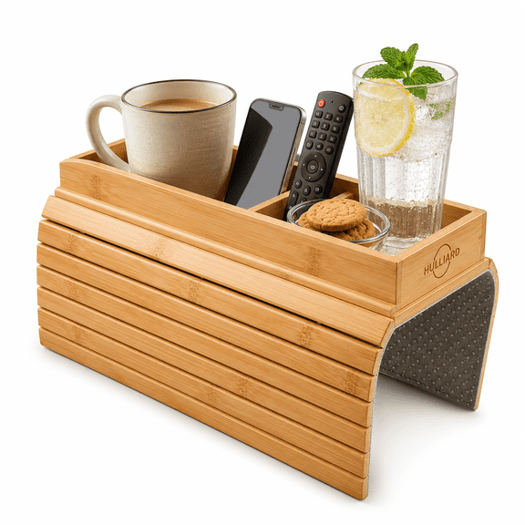 Bamboo Sofa Armrest Tray -Couch Arm Tray with Cup Holder - 2 in 1 Anti-Slip Sofa Armchair Caddy Table for Drinks, Phone, TV Remote, Snacks