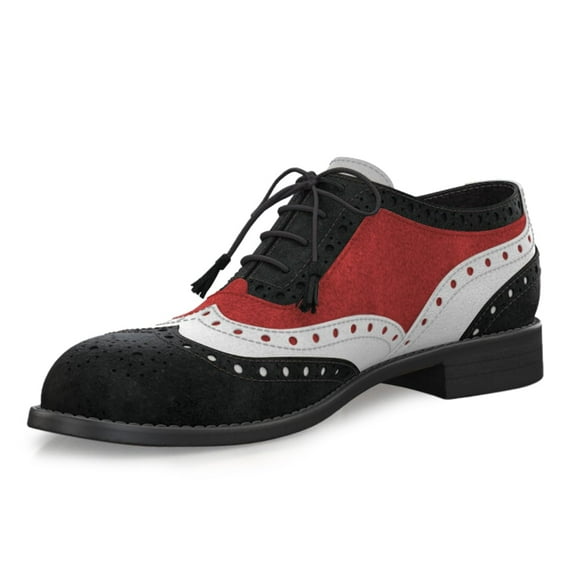 YDN Women Casual Round Closed Toe Spliced Leather Loafers Slip On Chunky Low Heels Lace Up Oxford Office Dressy Shoes Size 6 Black Red