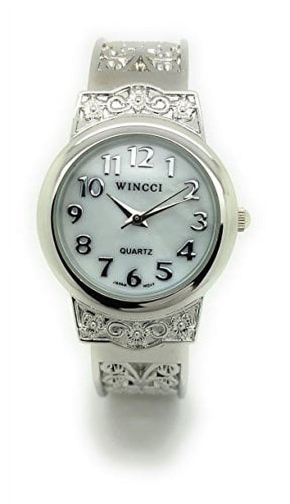 Womens Silver Analog Quartz Elegant Pearl Dial Sophisticated Cuff Bracelet Watch Amazon.com: Wincci Ladies Elegant Metal Bangle Cuff Fashion  main image 2